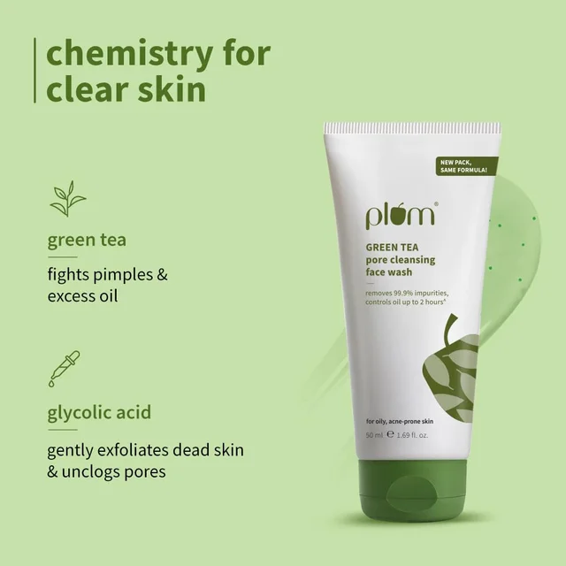 Plum Green Tea Pore Cleansing Face Wash 50ml | With Glycolic Acid | Fights Pimples & Controls Excess Oil | Gentle Exfoliating, Non-Drying | For Oily, Acne-Prone & Combination Skin | Vegan | Women & Men
