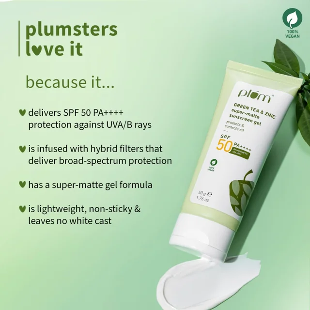 Plum Green Tea & Zinc Super-Matte Gel Sunscreen SPF 50 PA++++ 50g | Oil-Free, Non-Sticky, No White Cast | For Oily, Combination & Acne-Prone Skin | Vegan & Lightweight
