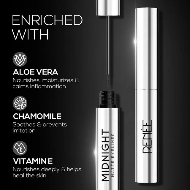 Renee Midnight Matte Eyeliner 2.5ml | Darkest Black | Smudge-Proof & Waterproof | Long Lasting | Smooth & One-Swipe-Application | Intense Black Pigment | Enriched with Chamomile, Aloe Vera & Vitamin E