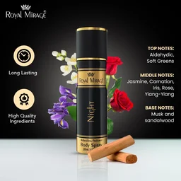 Royal Mirage Night Body Spray 200ml for Men | Premium Luxury Body Spray | Floral & Woody Notes | Long-Lasting Freshness | Alcohol-Free | Mysterious Night Aroma