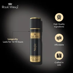 Royal Mirage Night Body Spray 200ml for Men | Premium Luxury Body Spray | Floral & Woody Notes | Long-Lasting Freshness | Alcohol-Free | Mysterious Night Aroma