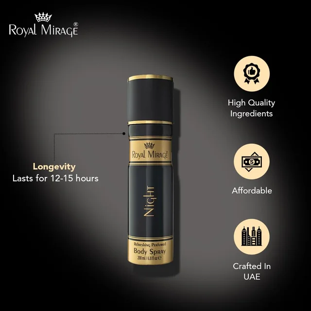 Royal Mirage Night Body Spray 200ml for Men | Premium Luxury Body Spray | Floral & Woody Notes | Long-Lasting Freshness | Alcohol-Free | Mysterious Night Aroma