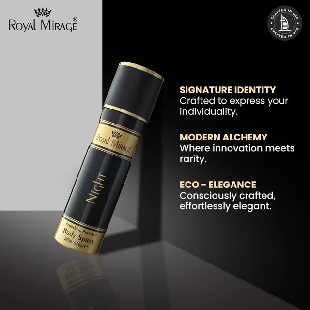 Royal Mirage Night Body Spray 200ml for Men | Premium Luxury Body Spray | Floral & Woody Notes | Long-Lasting Freshness | Alcohol-Free | Mysterious Night Aroma