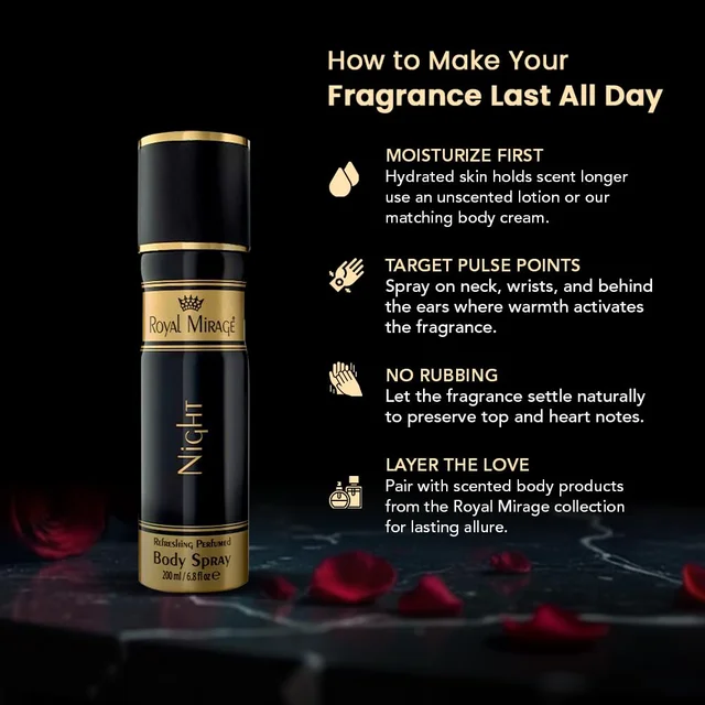 Royal Mirage Night Body Spray 200ml for Men | Premium Luxury Body Spray | Floral & Woody Notes | Long-Lasting Freshness | Alcohol-Free | Mysterious Night Aroma