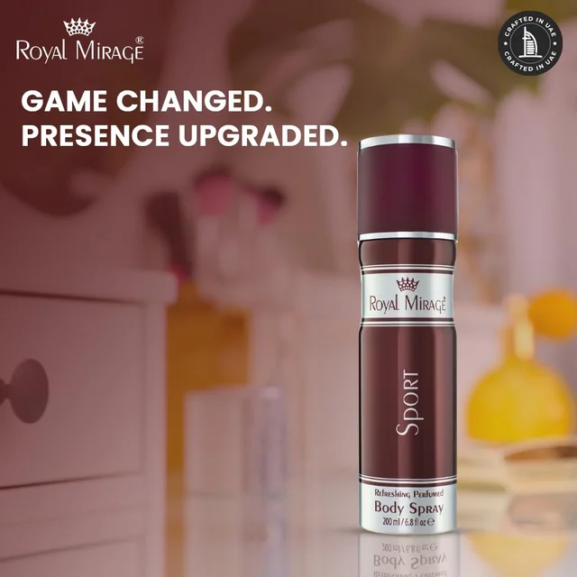Royal Mirage Sport Body Spray 200ml | Premium Luxury Unisex Body Spray | Floral & Woody Fragrance | Energizing Scent for Daily Wear, Gym, Travel & Outdoor Use