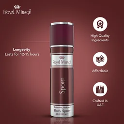 Royal Mirage Sport Body Spray 200ml | Premium Luxury Unisex Body Spray | Floral & Woody Fragrance | Energizing Scent for Daily Wear, Gym, Travel & Outdoor Use