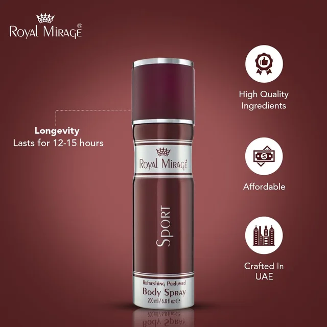 Royal Mirage Sport Body Spray 200ml | Premium Luxury Unisex Body Spray | Floral & Woody Fragrance | Energizing Scent for Daily Wear, Gym, Travel & Outdoor Use