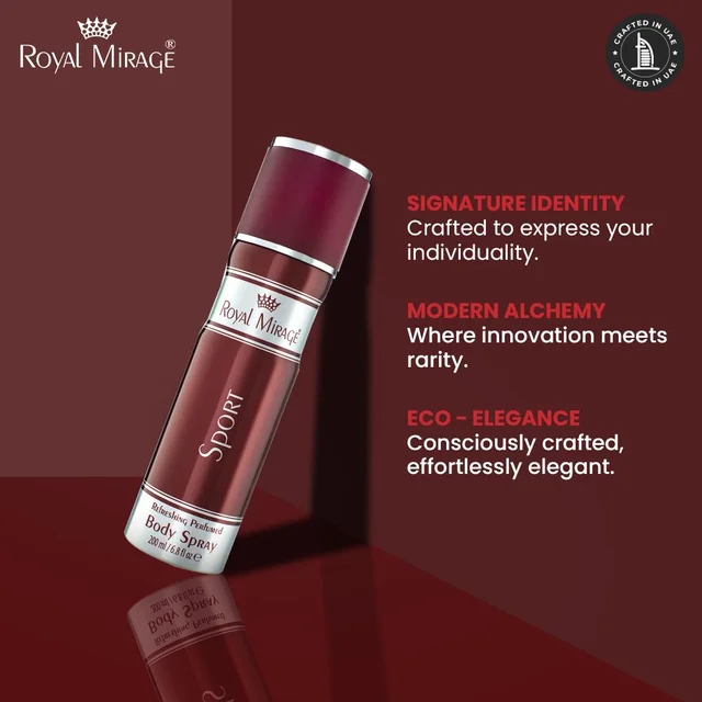 Royal Mirage Sport Body Spray 200ml | Premium Luxury Unisex Body Spray | Floral & Woody Fragrance | Energizing Scent for Daily Wear, Gym, Travel & Outdoor Use