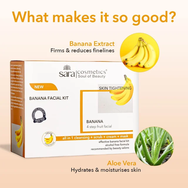 Sara Professional Sara 4-Step Banana Facial Kit (4x50g) | for Soft, Hydrated Skin | All in 1 (cleansing + scrub + cream + mask ) | Alcohol Free Formula | Smooth & Firm Skin | Suitable for All Skin Type