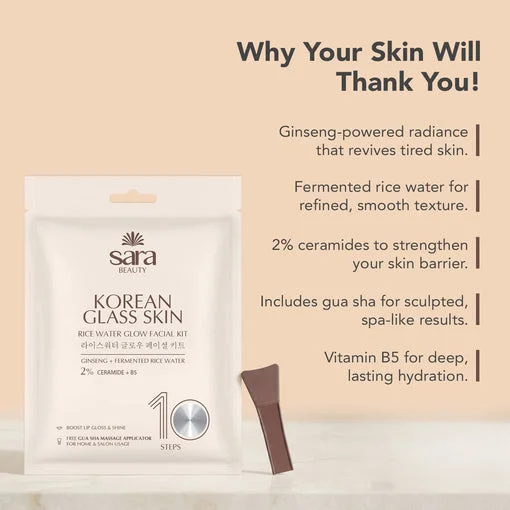 Sara Beuty Korean Glass Glow Facial Kit with Rice Extract & Ceramides | 10 Step Salon Facial Kit for Brightening, Hydration & Smooth Radiant Skin
