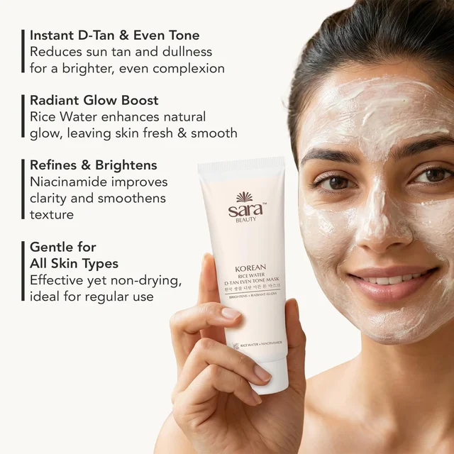 Sara Beauty Sara Korean Rice Water D-Tan Even Tone Mask 120g | Rice Water, Niacinamide, Vitamin C & Licorice | Removes Tan, Brightens Skin | Evens Tone, Hydrates & Adds Natural Glow