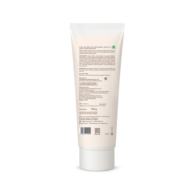 Sara Beauty Sara Korean Rice Water D-Tan Even Tone Mask 120g | Rice Water, Niacinamide, Vitamin C & Licorice | Removes Tan, Brightens Skin | Evens Tone, Hydrates & Adds Natural Glow