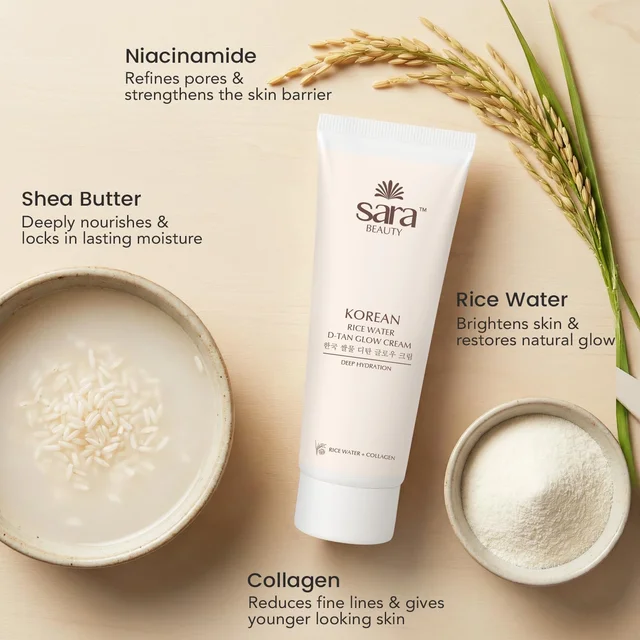 Sara Beauty Sara Korean Rice Water D-Tan Glow Cream 120g | Rice Water, Niacinamide, Vitamin C & Licorice | Brightening Face Cream for Tan Removal, Even Skin Tone & Daily Glow