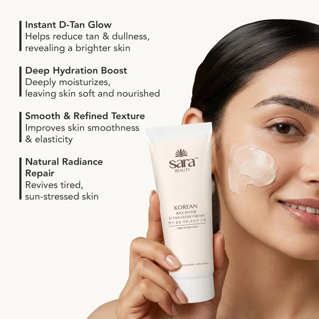 Sara Beauty Sara Korean Rice Water D-Tan Glow Cream 120g | Rice Water, Niacinamide, Vitamin C & Licorice | Brightening Face Cream for Tan Removal, Even Skin Tone & Daily Glow