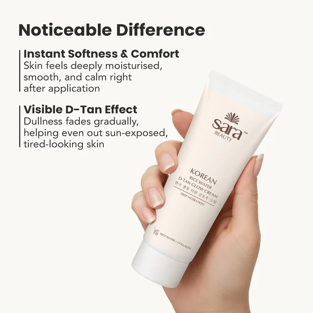 Sara Beauty Sara Korean Rice Water D-Tan Glow Cream 120g | Rice Water, Niacinamide, Vitamin C & Licorice | Brightening Face Cream for Tan Removal, Even Skin Tone & Daily Glow
