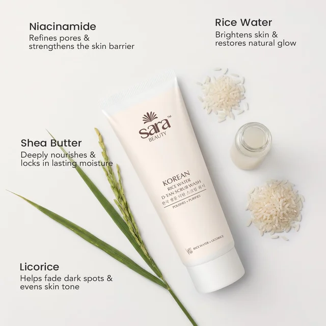 Sara Beauty Sara Korean Rice Water D-Tan Scrub Wash 120g | Rice Water, Walnut Shell & Vitamin C Face Scrub Wash | Removes Tan, Exfoliates Dead Skin, Brightens & Refreshes