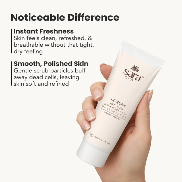Sara Beauty Sara Korean Rice Water D-Tan Scrub Wash 120g | Rice Water, Walnut Shell & Vitamin C Face Scrub Wash | Removes Tan, Exfoliates Dead Skin, Brightens & Refreshes