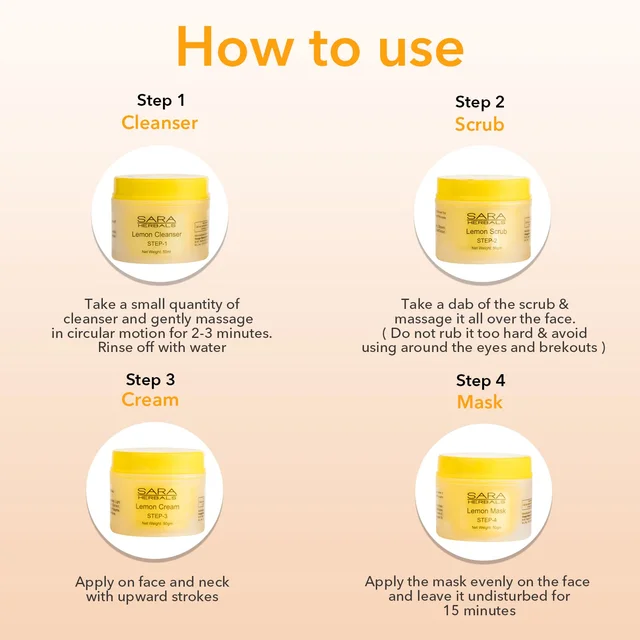 Sara Professional Sara Lemon 4-Step Fruit Facial Kit (4x50g) | for Brightening & Nourishing Skin | All in 1 (cleansing + scrub + cream + mask )|Detoxifying Face Pack | for Radiant Skin | Suitable for All Skin Types