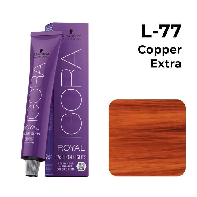 Schwarzkopf Professional Igora Royal Fashion Lights L-77 Copper Extra Hair Color 60gm | Permanent Highlight Color | Vibrant Copper Tones