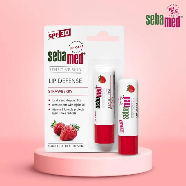 Seba Med Sebamed Lip Defense Strawberry 4.8g | SPF 30 Lip Balm with Natural Oils & Vitamin E | Heals Dry, Chapped Lips | UV Protection | Dermatologically Tested