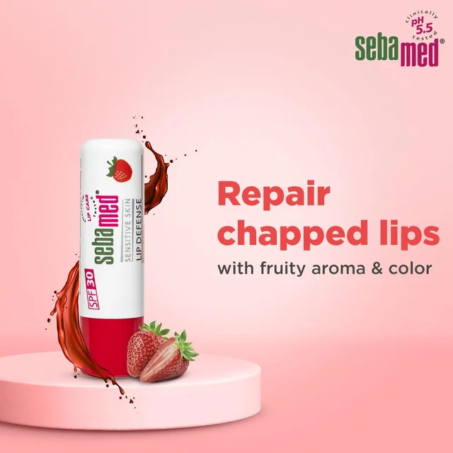 Seba Med Sebamed Lip Defense Strawberry 4.8g | SPF 30 Lip Balm with Natural Oils & Vitamin E | Heals Dry, Chapped Lips | UV Protection | Dermatologically Tested