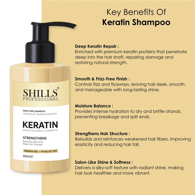 Shills Professional Shills Kerat Professional Shampoo 500ml for Smooth, Frizz-Free Hair | Keratin Infused Formula for Damage Repair, Shine & Strength | Suitable for Dry & Chemically Treated Hair