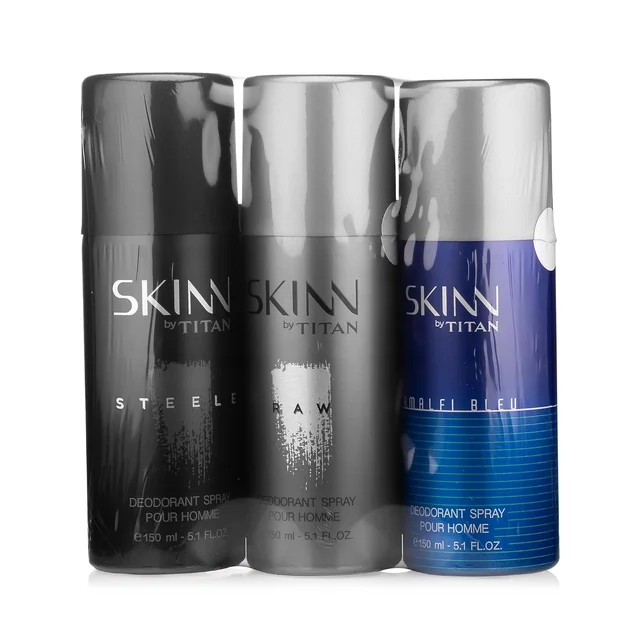 Skinn by Titan Premium Fresh Deodorant Spray for Men (Amalfi Bleu, Stelle, Raw Set of 3, 150 ml Each) | Long-Lasting Freshness & Premium Fragrance for All-Day Confidence