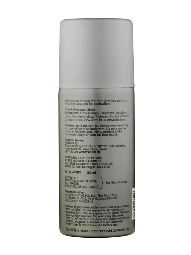 Skinn by Titan Raw Deodorant Spray for men 150ml |Bold Woody & Spicy Fragrance | Long-Lasting Freshness | Odor Protection for Active Days & Special Occasions