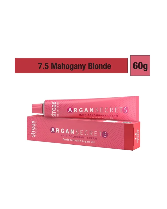 Streax Argan Secrets Hair Color 7.5 Mahogany Blonde 60g | Long-Lasting Color, Argan & Walnut Oil | Full Grey Coverage - Mahogany Blonde