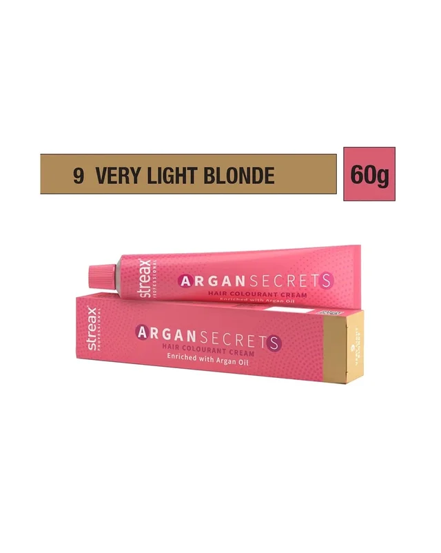 Streax Argan Secrets Hair Color 9 Very Light Blonde 60g | Long-Lasting Color, Argan & Walnut Oil | Full Grey Coverage - Very Light Blonde