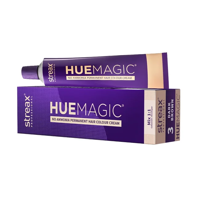 Streax Professional HueMagic Hair Color Dark Brown 3 90g | Ammonia-Free Permanent Hair Colour