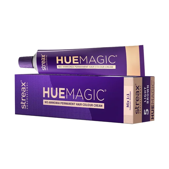 Streax Professional HueMagic Hair Color Light Brown 5 90g | Ammonia-Free Permanent Hair Colour