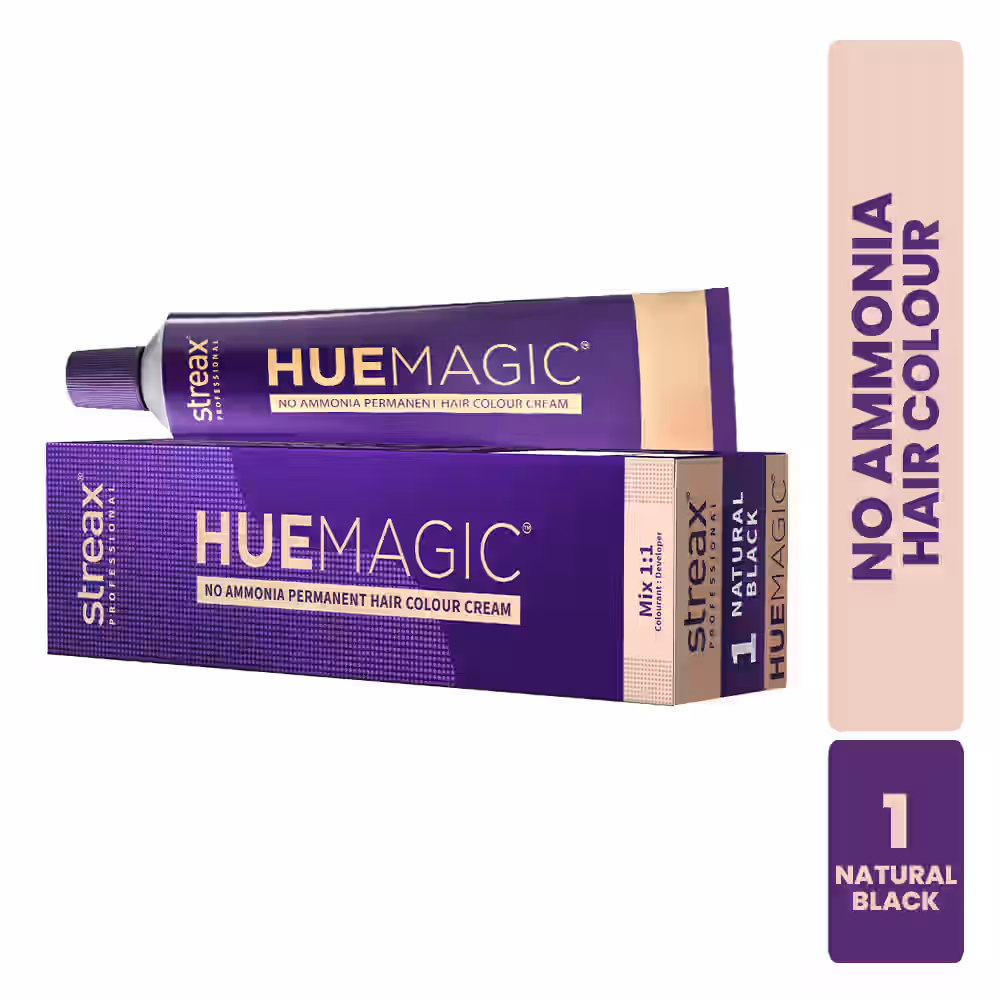 Streax Professional HueMagic Hair Color Natural Black 1 90g | Ammonia-Free Permanent Hair Colour