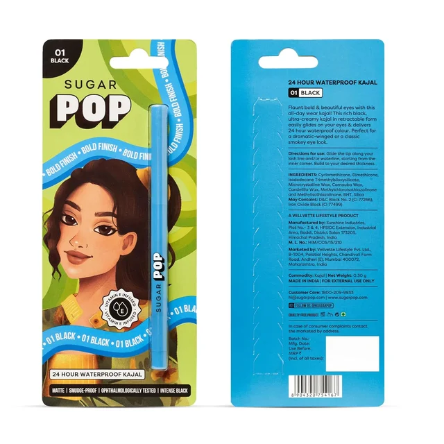 Sugar Pop 24-Hour Waterproof Matte Kajal - Black | Smudge-Proof, Transfer-Proof, Highly Pigmented Eye Kajal | Long-Lasting Matte Finish with Smooth Glide | Sharpener Included