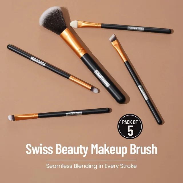 Swiss Beauty 5 Pcs Makeup Brush Set | Golden 02 | High Quality Synthetic Fibre