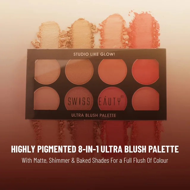 Swiss Beauty 8-in-1 Ultra Blush Palette | Pigmented Blusher | Flawless Glow | Matte & Shimmer Shades for All-Day Glow | Get Radiant, Long-Lasting | Highlight & Contour| blendable shades | Shade-5, 16gm