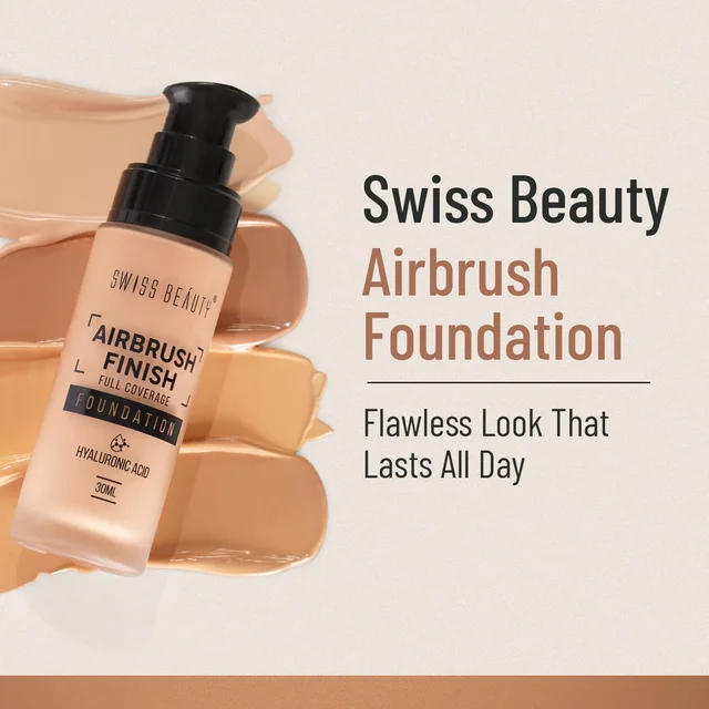 Swiss Beauty Airbrush Finish Full Coverage Foundation Shell White, 30ml | Lightweight & Hydrating, Water-Resistant Formula | Hyaluronic Acid for a Flawless Matte Look