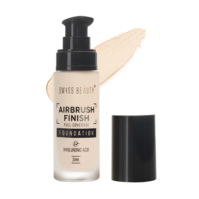 Swiss Beauty Airbrush Finish Full Coverage Foundation Shell White, 30ml | Lightweight & Hydrating, Water-Resistant Formula | Hyaluronic Acid for a Flawless Matte Look