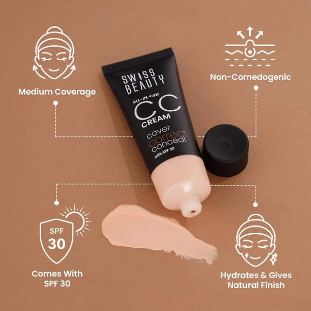 Swiss Beauty All-In-One Lightweight Light Ivory CC Cream 25g with SPF 30 | Covers, Corrects & Conceals | Hydrating, Long-Lasting & Perfect for Daily Use