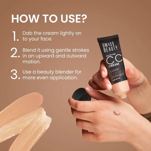 Swiss Beauty All-In-One Lightweight Light Ivory CC Cream 25g with SPF 30 | Covers, Corrects & Conceals | Hydrating, Long-Lasting & Perfect for Daily Use