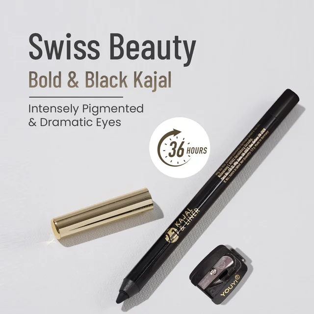 Swiss Beauty Bold & Black Kajal 1.2g with Sharpener | Jet Black Kajal | 24 Hour Stay | Smudge-Proof & Non-Transfer Eye Kajal | Smooth Application for Women