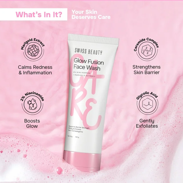 Swiss Beauty Care Glow Fusion Face Wash 100gm | Deep Yet Gentle Cleanse | 2% Niacinamide & Marigold Extract | Exfoliates, Brightens & Refreshes Skin | Daily Dirt & Oil Removal