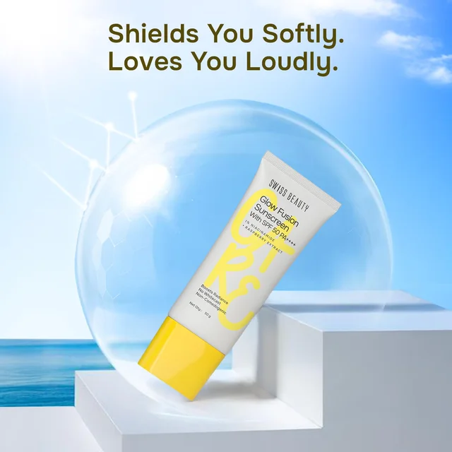 Swiss Beauty Care Glow Fusion Sunscreen 50gm with SPF50 PA++++ | 1% Niacinamide & Raspberry Extract | Boosts Radiance | Protects from UV Damage | Fights Premature Aging