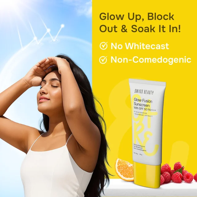 Swiss Beauty Care Glow Fusion Sunscreen 50gm with SPF50 PA++++ | 1% Niacinamide & Raspberry Extract | Boosts Radiance | Protects from UV Damage | Fights Premature Aging