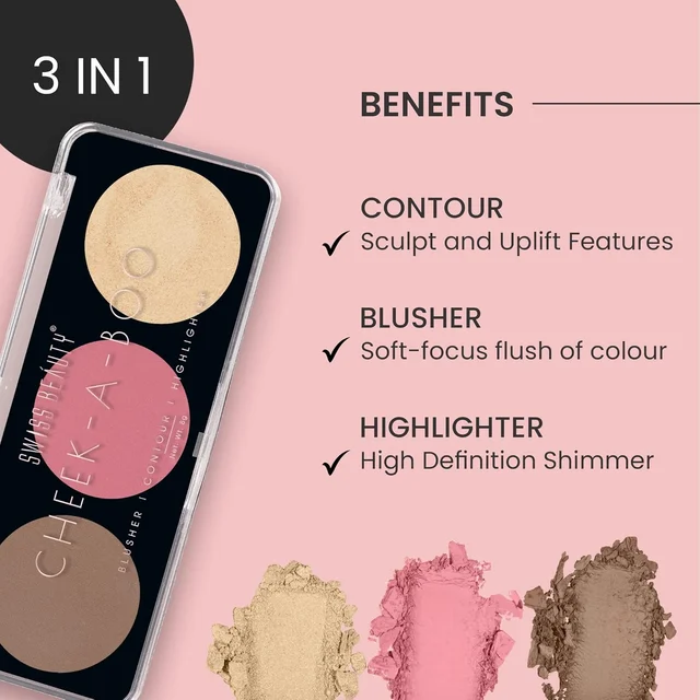 Swiss Beauty Cheek-A-Boo Face Palette 3-in-1 Blusher, Contour & Highlighter Shade 01 for a Sculpted Glow| Highly Pigmented, Blendable & Long-Lasting
