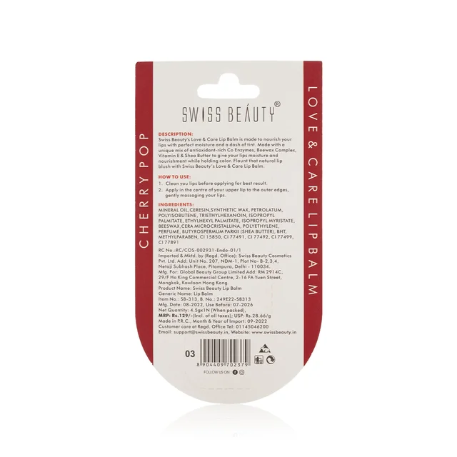 Swiss Beauty Fresh-Mint Love & Care Lip Balm SPF 15 | Hydrating & Nourishing | Protects, Softens & Adds a Natural Tint | Enriched with Shea Butter & Vitamin E