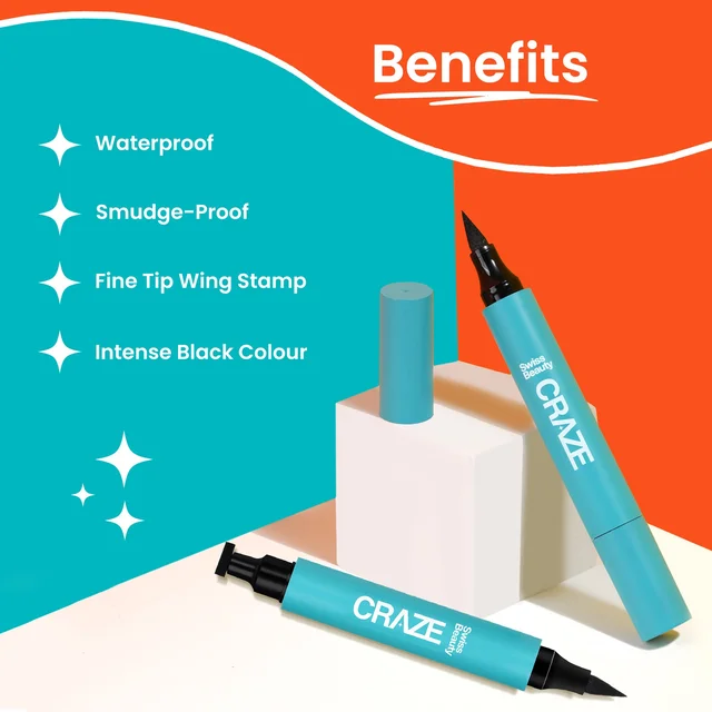 Swiss Beauty CRAZE Eyeliner and Stamp Duo | Winged Eyeliner Stamp & Pen | Waterproof, Smudge-Proof | Quick & Easy Application | Long-Lasting | Perfect Wing Every Time