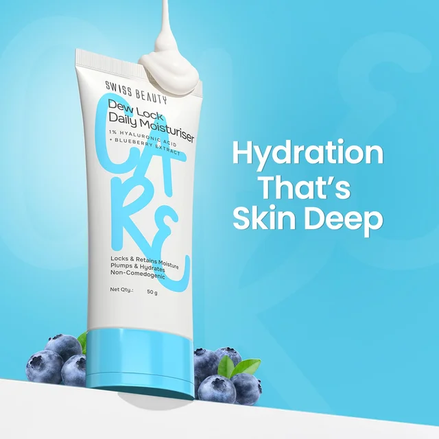Swiss Beauty Dew Lock Daily Moisturiser 50gm| 1% Hyaluronic Acid & Blueberry Extract | Deeply Hydrates & Plumps Skin | Locks Moisture | Non-Comedogenic, Lightweight Formula