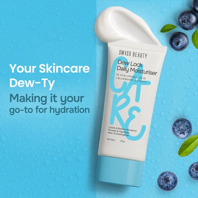 Swiss Beauty Dew Lock Daily Moisturiser 50gm| 1% Hyaluronic Acid & Blueberry Extract | Deeply Hydrates & Plumps Skin | Locks Moisture | Non-Comedogenic, Lightweight Formula