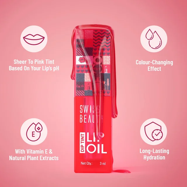 Swiss Beauty Dip Tint Colour Lip Oil - Dragon Fruit | Infused with pH-based blend | Colour-Changing lip oil | Long-lasting hydration with Vitamin E | Glossy Finish | Repairs Chapped lips